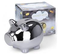 MIJOMA Hucha de lujo de cerdo en brillo dorado y plateado, elegante hucha con acabado metálico para elegantes colecciones en casa, 12 x 9 x 9 cm, un accesorio imprescindible (plata)