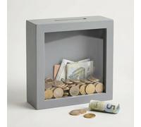 MIJOMA Hucha de madera con frontal de cristal - Marco decorativo para regalos de dinero en bodas, cumpleaños, viajes y más - Caja creativa para dinero (blanco - gris, 15 x 15 x 5 cm)