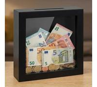 MIJOMA Hucha de madera con frontal de cristal - Marco decorativo para regalos de dinero en bodas, cumpleaños, viajes y más - Caja creativa para dinero (blanco - negro, 15 x 15 x 5 cm)