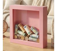 MIJOMA Hucha de madera con frontal de cristal - Marco decorativo para regalos de dinero en bodas, cumpleaños, viajes y más - Caja creativa para dinero (sin texto - rosa, 15 x 15 x 5 cm)