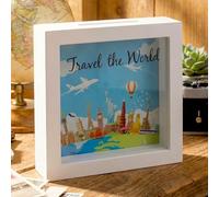 MIJOMA Hucha de madera con frontal de cristal - Marco decorativo para regalos de dinero en bodas, cumpleaños, viajes y más - Caja creativa para dinero (Travel the World - Blanco, 15 x 15 x 5 cm)