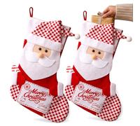 MIJOMA Juego de 2 calcetines decorativos de Navidad con diseño de Papá Noel en 3D, paquete de regalo, color rojo y blanco a cuadros, botas de Papá Noel con bastón de caramelo y suspensión