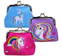 MIJOMA Juego de 3 billeteras de unicornio para niños, aprox. 9 x 8 cm, monedero con cierre Kiss Lock, surtidos en rosa, azul y lila, diseño de unicornio, de plástico