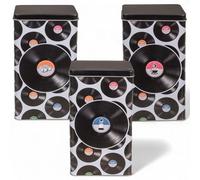 MIJOMA Juego de 3 latas de metal retro con tapa, diseño vintage, para café, té, azúcar, lata de café, té, azucarero, 19 x 11 cm (blanco con diseño de discos)