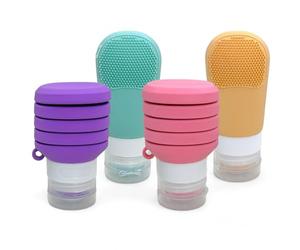 MIJOMA Juego de 4 botellas de viaje plegables de silicona, a prueba de fugas, apto para equipaje de mano, con ventosa y cepillo, ideal para champús y líquidos, multicolor