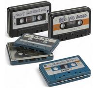 MIJOMA Juego de 4 cajas de almacenamiento de metal con diseño de cassette retro, caja de almacenamiento de aprox. 10 x 6 cm, caja de regalo decorativa vintage, surtidos, diseño nostálgico para los