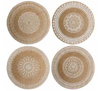 MIJOMA Juego de 4 manteles individuales de yute de 38 cm de diámetro, estilo bohemio, color natural con patrón blanco, diseño elegante y sostenible para comidas con estilo