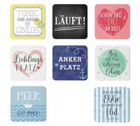 MIJOMA Juego de 8 posavasos de corcho con motivos coloridos, antideslizantes, resistentes al calor, para protección de mesa, 9,5 x 9,5 cm, diseño decorativo para cualquier hogar (mezcla de frases