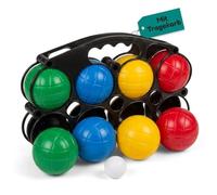 MIJOMA Juego de boccia para familias - 8 bolas de plástico en colores fluorescentes, diámetro de 7 cm, incluye cesta de transporte y bola de destino para playa, jardín y tiempo libre