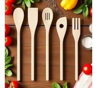 MIJOMA Juego de utensilios de cocina de madera, 5 piezas, 30 - 33 cm, sostenible y resistente al calor, cuchara, espátula, tenedor, juego de cucharas naturales