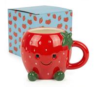 MIJOMA Kawaii - Taza de dolomita de fresa, 410 ml, relieve 3D con cara, esmaltado y estable, para café, té, cacao