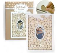 MIJOMA Marco de fotos de libro de visitas, recuerdo con 72 corazones de madera, para bodas y fiestas, color blanco y natural