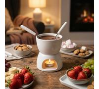 MIJOMA Mini Set de Fondue de Chocolate - Descubra el puro placer del chocolate - Diseño moderno y elegante en blanco, incluye 2 tenedores de fondue - Ideal para galletas y frutas, cerámica, 10 x 9 x 6