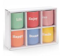 MIJOMA New Bone - Taza de porcelana de 180 ml, 6 colores con texto en relieve, forma compacta para café y té, set de regalo para el hogar y la oficina