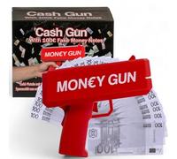 MIJOMA Pistola de dinero Cash Cannon: divertido gadget con 100 unidades de dinero de juego de 100 €, máquina de disparar dinero a pilas, perfecto para fiestas y eventos, rojo brillante