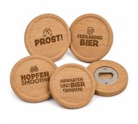 MIJOMA Posavasos de madera con frase y abrebotellas para cerveza, juego de 4