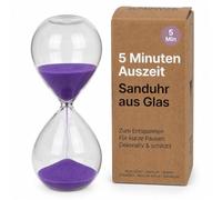 MIJOMA Reloj de arena de cristal morado de 5 minutos - Temporizador decorativo para relajación, cocina, oficina y rituales pequeños