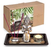 MIJOMA Set de meditación: figura de Buda en bandeja de madera negra, incluye portavelas, incienso, piedras decorativas y arena decorativa. Decoración espiritual para la paz y la armonía interior