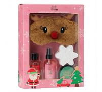 MIJOMA Set de regalo de baño de 5 piezas - Gel de ducha de 100 ml - Body Cream, Pillow Mist, bomba de baño de copos de nieve y antifaz para dormir de renos - Set de Navidad para mujeres y niños - Caja