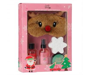 MIJOMA Set de regalo de baño de 5 piezas - Gel de ducha de 100 ml - Body Cream, Pillow Mist, bomba de baño de copos de nieve y antifaz para dormir de renos - Set de Navidad para mujeres y niños - Caja