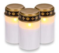 MIJOMA - Velas LED funerarias para exteriores, funcionamiento con pilas, efecto parpadeante realista, duración de 6 meses, luz funeraria, lámpara para tumba (set de 3 piezas, blanco)