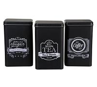 MIK funshopping Juego de lata de metal retro para café, té y azúcar, lata de café, té, azucarero con tapa (3 piezas, diseño vintage en blanco y negro)