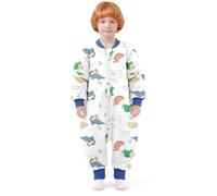 MIKAFEN Saco Dormir bebé de Manga Larga con pies 3,5 TOG Invierno 85-95 cm | 100% AlgodóN, Con Piernas Separadas, Ideal Invierno, Lavable A MáQuina, Dinosaurio Verde