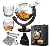 Mikamax – Set decantador globo whisky 20 x 12 x 22 cm con dos vasos y estánder de madera