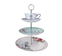Mikasa and the V&A - Soporte para tartas de 3 niveles, soporte para té de la tarde con taza de té, té de Alicia en el país de las maravillas, porcelana de hueso, apto para lavavajillas y en caja de
