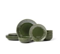 Mikasa Jardin Vajilla de 12 Piezas, Vajilla de Gres para 4 con Platos de Cena, Platos Auxiliares y Cuencos, Verde - Caja de Regalo y Apta para Lavavajillas