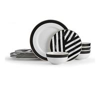Mikasa Luxe Deco Vajilla de Porcelana de 12 Piezas, Servicio para 4 con Impresión Geométrica, 4x Platos Llanos, 4x Platos de Postre & 4x Tazones - Apto para Lavavajillas