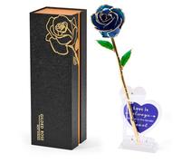 Mikasol Rosa realista bañada en oro de 24 quilates, flor realista atemporal con base de rompecabezas de corazón, regalo romántico de flores azules para ella, esposa, novia, mamá, cumpleaños