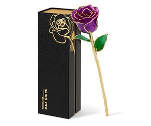 Mikasol Rosa realista bañada en oro de 24 quilates, flor realista atemporal con base de rompecabezas de corazón, regalo romántico de flores moradas para ella, esposa, novia, mamá, cumpleaños