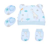 Mikikit Gorro y Accesorios de Algodón para Ñiño Recién Nacido Azul Conjunto de 3 Piezas Mitones y Calcetines Diseño de Jirafa para Uso Diario