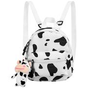 Mikikit Mochila de Lona para Mujer Estampado de Vaca, Mochila Adorable de Tamaño Mediano, Bolso de Hombro Blanco Colgante de Peluche de Vaca, Adecuado para Viajes y Uso Diario