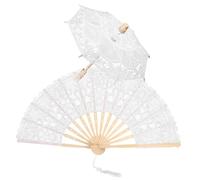 Mikikit Sombrilla de Encaje Ligera y Elegante para Novias con Ventilador Accesorios de Fotografía para Bodas Vintage para Decoración y Práctico Blanco