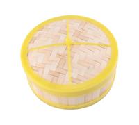 Mikikit Vaporera de Bambú con Borde Plástico Amarillo, Práctica y Conveniente con Tapa para Cocinar al Vapor en Casa, Adecuado para Pescado y Verduras