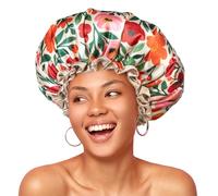 mikimini Gorro de ducha reutilizable e impermeable para mujer - Gorro extra con banda elástica ajustable y estampado floral vibrante, gorro para cabello largo y corto, Mediana, 2 Piezas