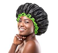mikimini Gorros de Ducha Negros Extra Grandes, Paquete de 2 para Mujeres y Hombres, Trenzas de Cabello Largo y Grueso, Gorro de baño XL Impermeable Reutilizable de Doble Capa con Borde Verde Vibrante