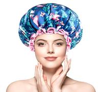mikimini Gorros de Ducha para Mujeres, Gorros de Baño Reutilizables Impermeables para el Cabello Largo Rizado y Grueso, Medio Estampado de Flamenco
