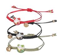 Mikinona 3 Piezas Pulsera Maneki Neko Ajustable Gato con Campana Colores Rojo Verde Negro Cultural Japonés