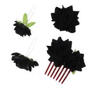 Mikinona Juego de 4 Pinzas Cabello con Flores de Tela Negra, Incluyendo Peine Lateral de 7 Dientes, 2 Horquillas en Forma de U y Broche Floral para Novia, Accesorios de Boda y Fiesta