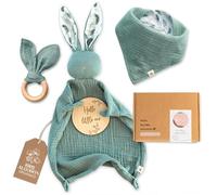 Mikito - Pack con 4 Regalos para Bebes Recien Nacidos Originales - Doudou Bebe Muselina + Babero Bandana + Mordedor + Tarjeta - Ideal como Pack Regalo/Canastilla Bebe