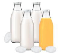 mikken 4 botellas de cristal de 1000 ml para zumo de leche con 8 tapas, color blanco, incluye etiquetas