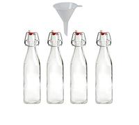 mikken Viva Haushaltswaren - 4 botellas de cristal pequeñas con cierre de clip de 250 ml (forma cuadrada) para autollenado, incluye embudo