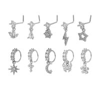 Mikovivi 10uds Aros Nasales Colgantes, Piercings de Nariz Plateados en Forma de L Diseños Flores Rayos Estrellas y Mariposas Joyería para Piercing Nariz para Mujer