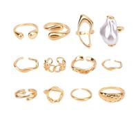 Mikovivi 12uds Anillos Dorados Gruesos para Mujer, Anillos con Perlas Barrocas Ajustables Apilables Set de Boho Joyería Moda para Baile de Gala Disfraz