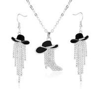 Mikovivi 2uds Joyería Occidental para Mujer, Brillantes Diamantes de Imitación, Pendientes con Borlas Bota de Vaquero Sombrero y Collar con Colgante Regalo Estilo Salvaje Oeste Accesorios Vaquera