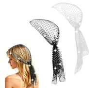 Mikovivi 2uds Pañuelos Cabeza con Imitación Diamantes, Bandana Brillante de Malla Estilo Turbante Disco Años 20 para Mujer Carnaval (Negro, Blanco)