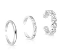 Mikovivi 3uds Anillos Dedos del Pie Plata, Juego de Anillos Dedos Abiertos Ajustables Flor Diamante Sencillo Anillo Joyería de Pie Verano Playa para Mujeres